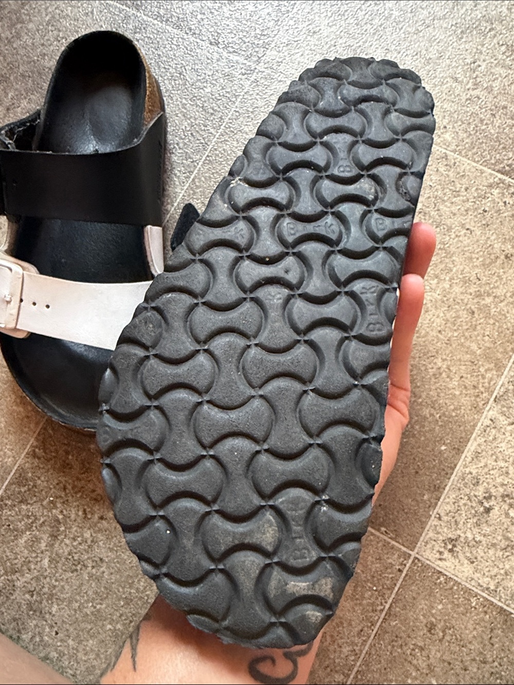 Birkenstock Black and White Two-Strap Slide Sandals - Picture 9 of 11